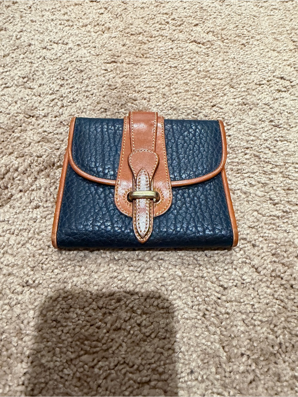 Leather Fold-Over Wallet in Navy Blue with Tan Trim